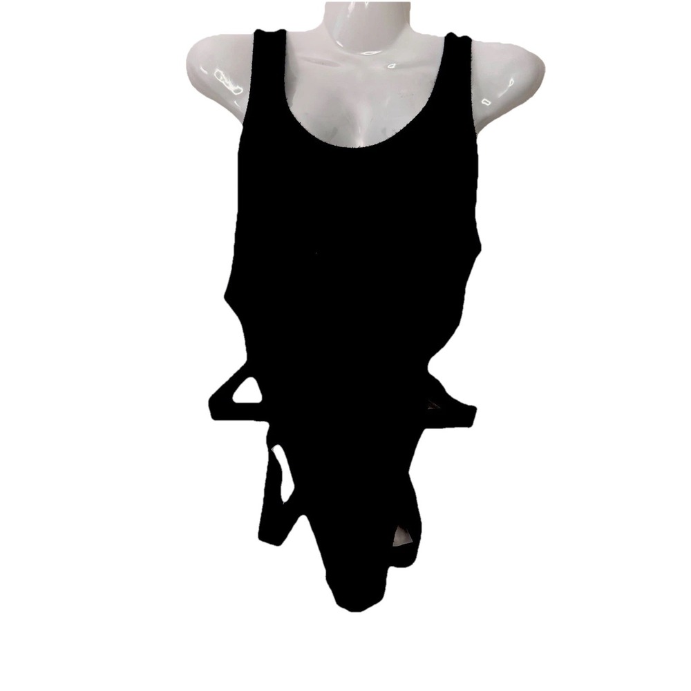 Bozzolo Black Bodysuit With Elastic Straps Snap Closure Ribbed Soft Rayon Large